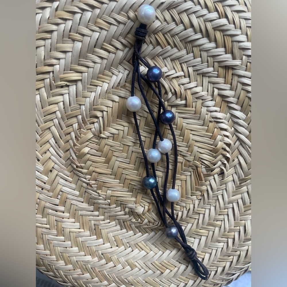 Multi-Strand Black Cord Bracelet with White and Black Pearls